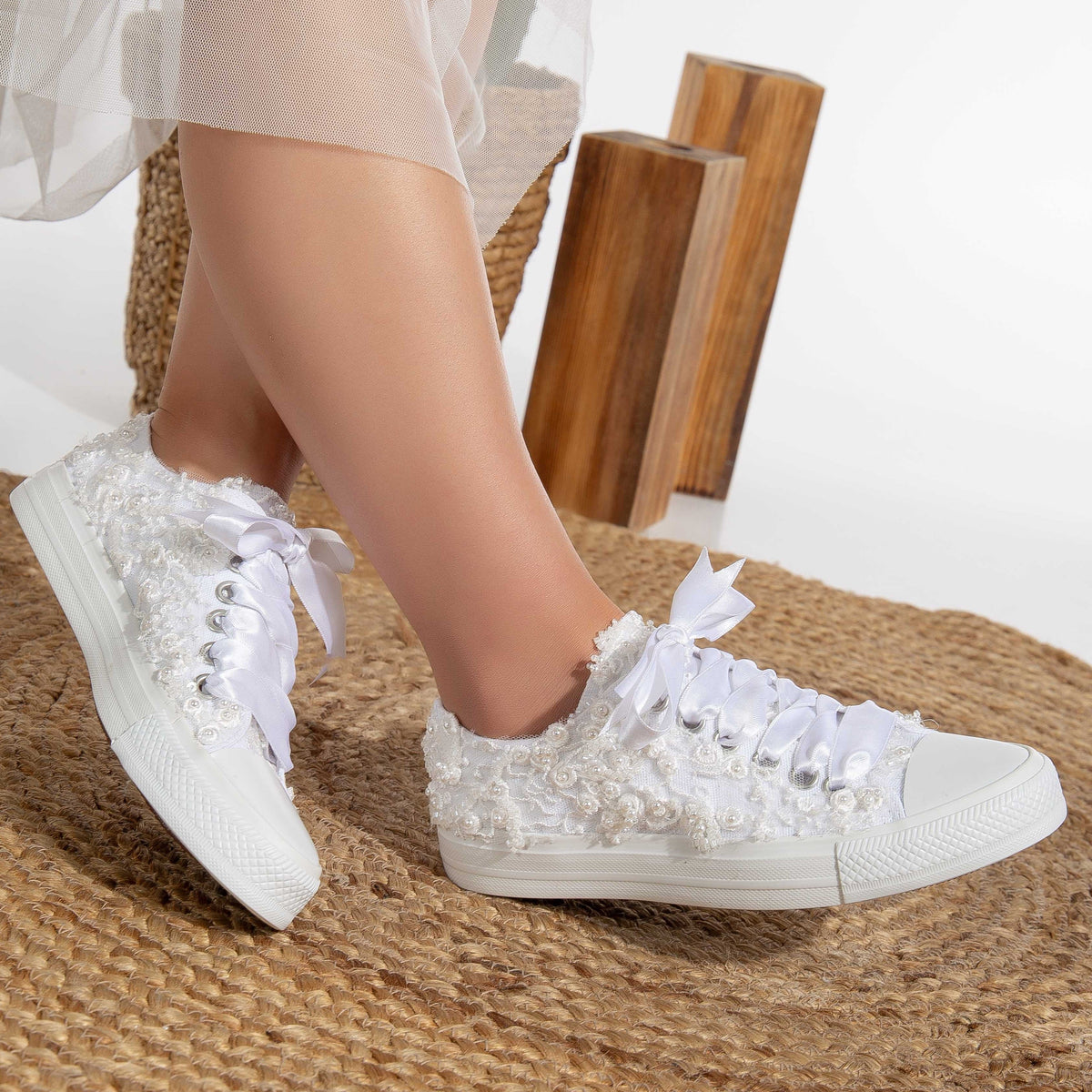Bailey - White Low Wedding Converse – side view showing pearl, lace, satin, SimmiUnique