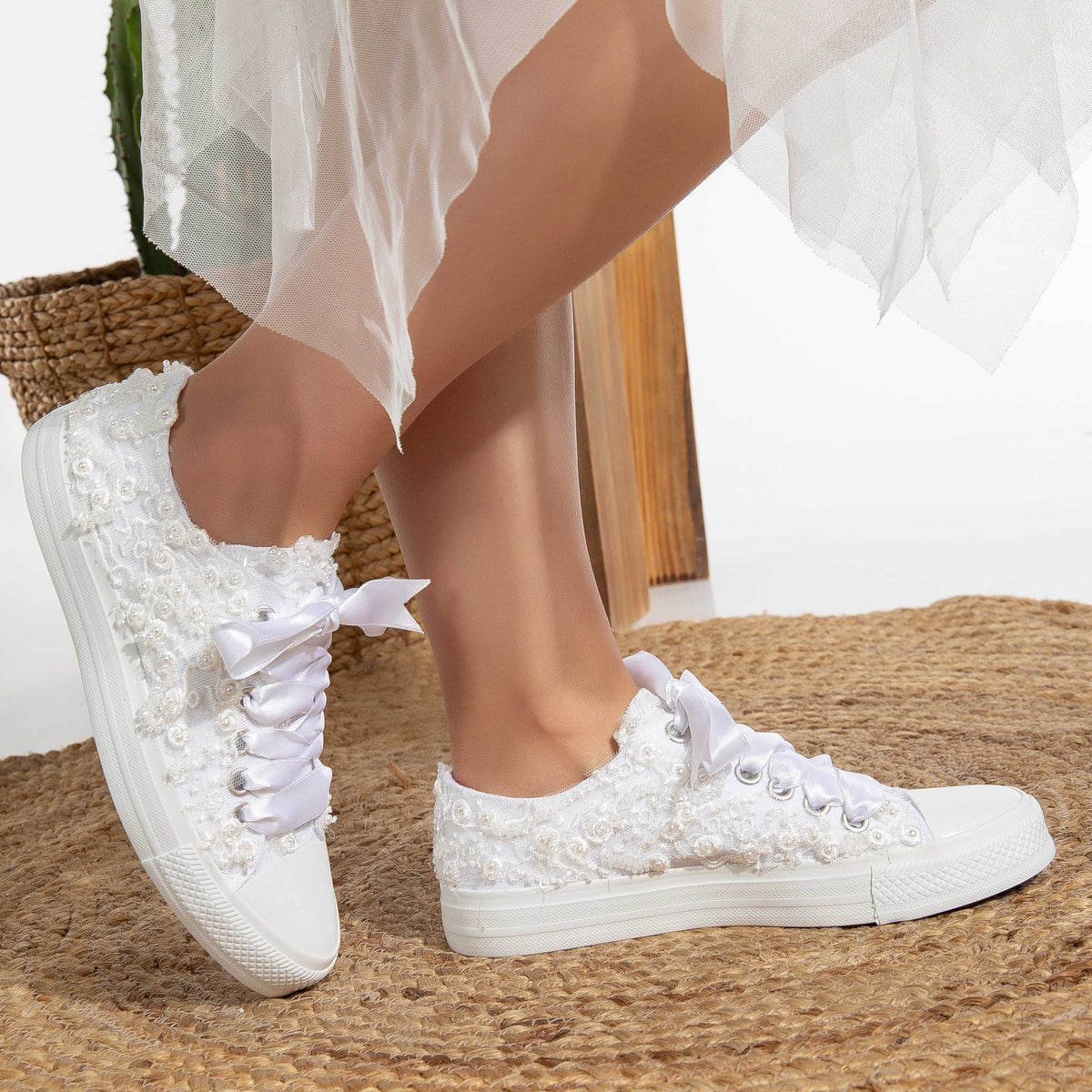 Bailey - White Low Wedding Converse – heel view showing pearl, lace, satin, SimmiUnique