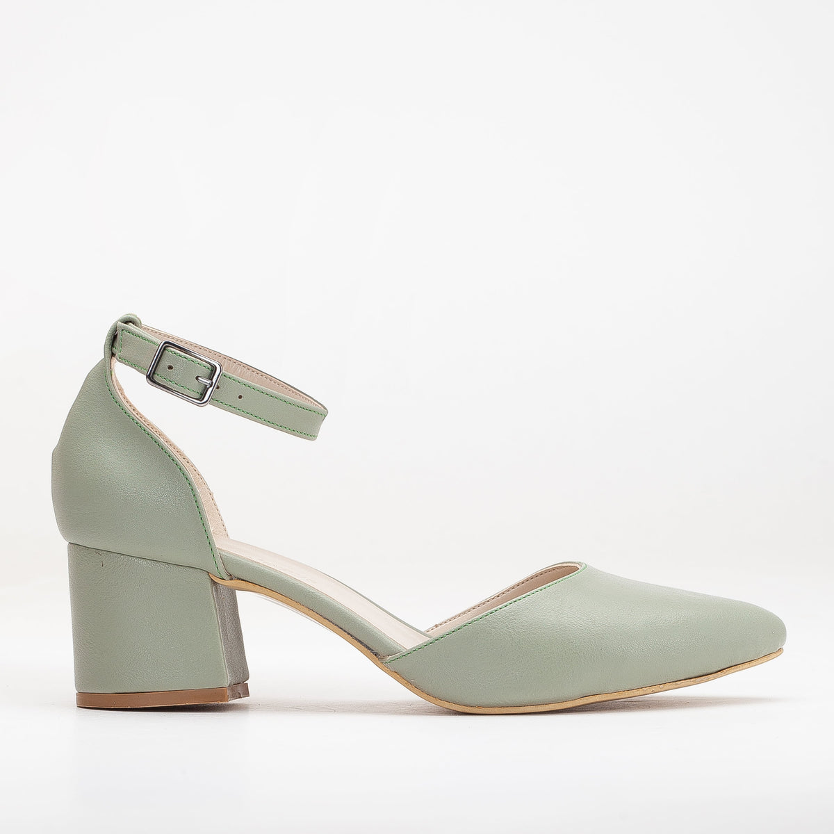 Marcelle - Sage Green Bridal Shoes – front three-quarter view showing leather, green, SimmiUnique