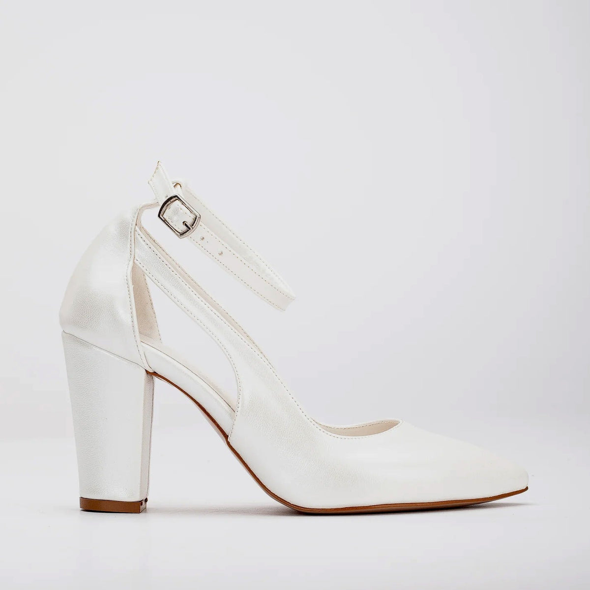 Colette - Ivory Bridal Block Heels – front three-quarter view showing leather, ivory, SimmiUnique