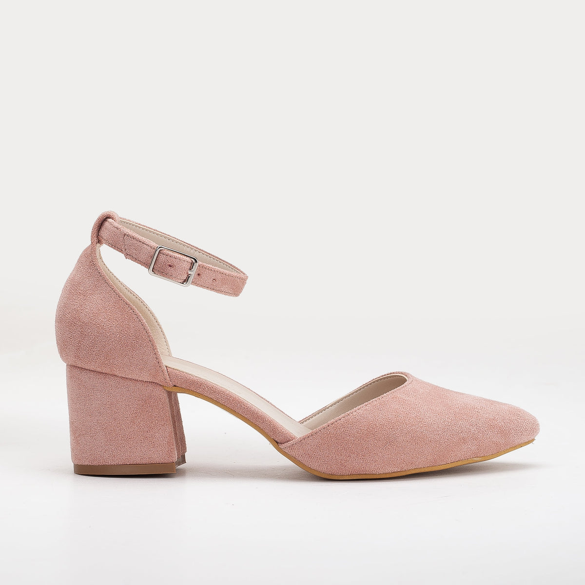 Marcelle - Dusty Pink Suede Heels – front three-quarter view showing leather, suede, pink, SimmiUnique