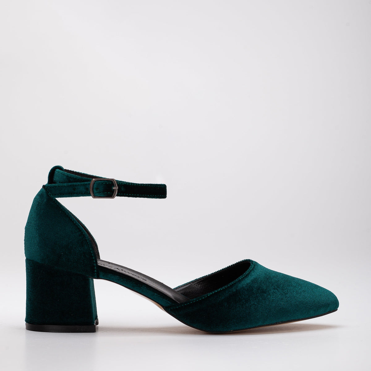 Miranda - Emerald Green Velvet Heels with Pearls – top view showing pearl, velvet, green, SimmiUnique
