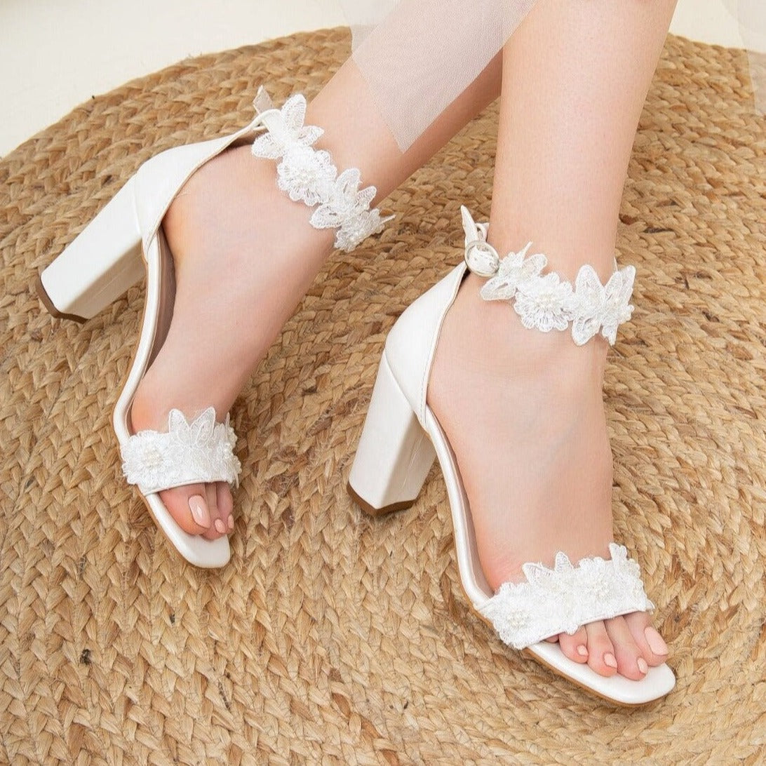 Dede - Ivory Lace Bridal Heels – side view showing lace, ivory, white, SimmiUnique