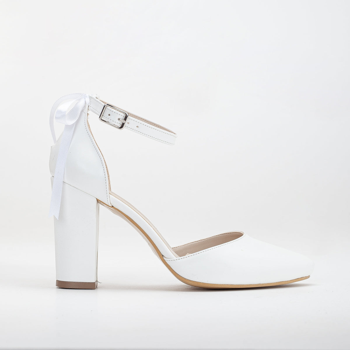 Jolie - White Wedding Heels with Ribbon – front three-quarter view showing leather, white, SimmiUnique