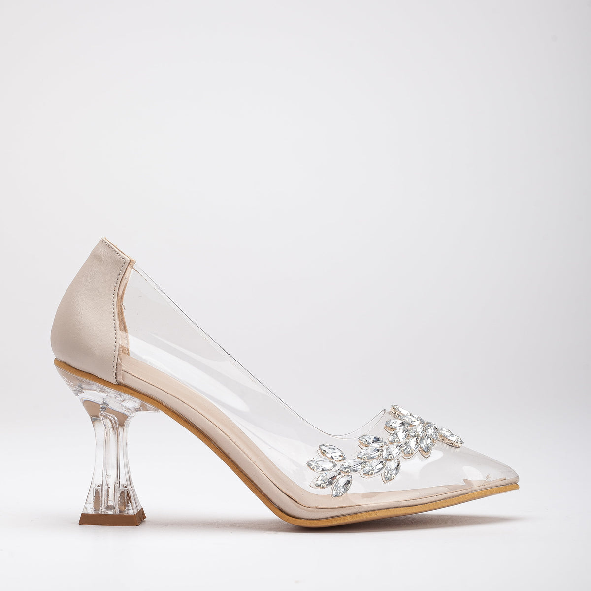 Cinderella - Beige Transparent High Heels – front three-quarter view showing elegant detailing, SimmiUnique