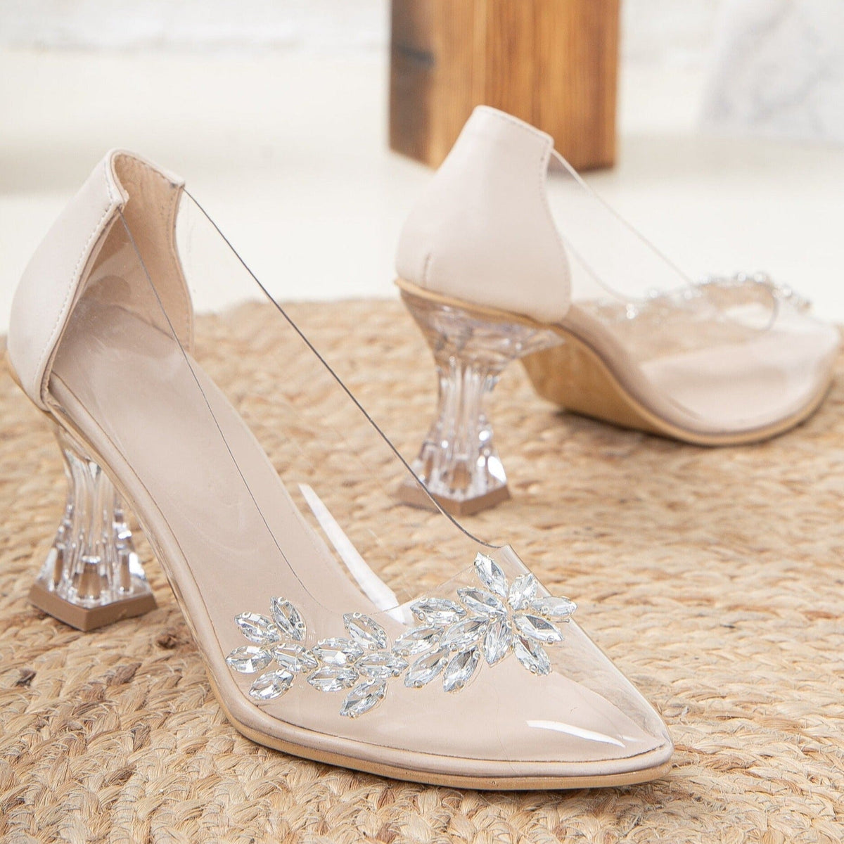 Cinderella - Beige Transparent High Heels – detail view showing elegant detailing, SimmiUnique