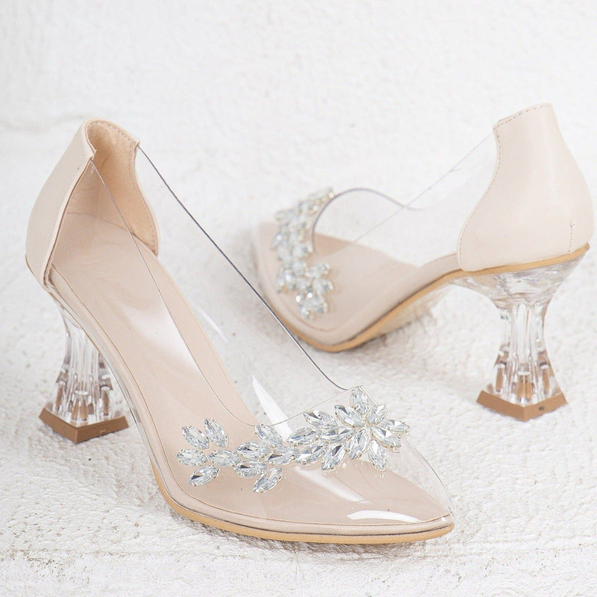 Cinderella - Beige Transparent High Heels – heel view showing elegant detailing, SimmiUnique