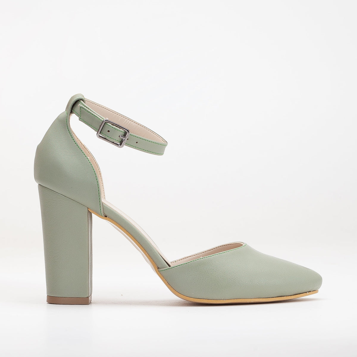 Gisele - Sage Green High Heels – front three-quarter view showing leather, green, SimmiUnique