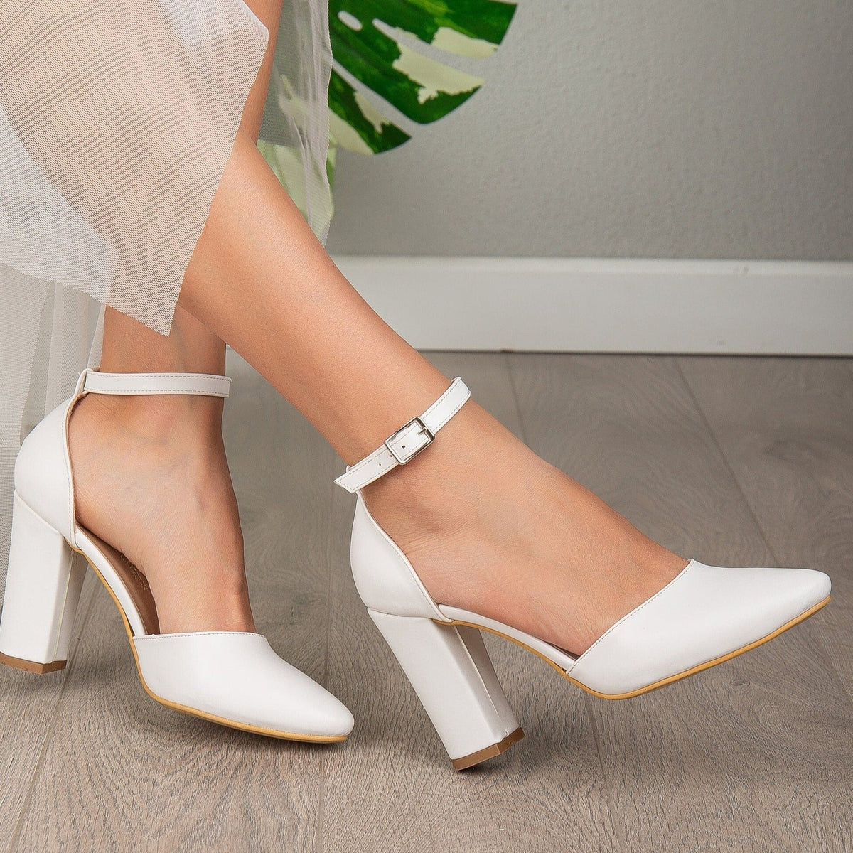 Gisele - White Bridal Shoes with Ribbon – pair view showing leather, white, SimmiUnique
