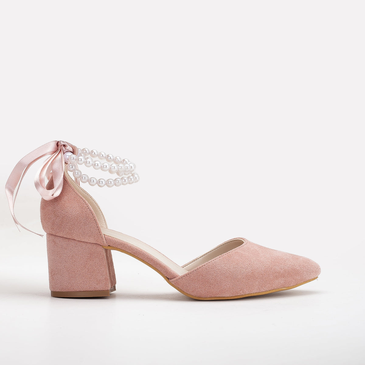 Miranda - Dusty Pink Shoes with Pearls – front three-quarter view showing pearl, leather, suede, SimmiUnique