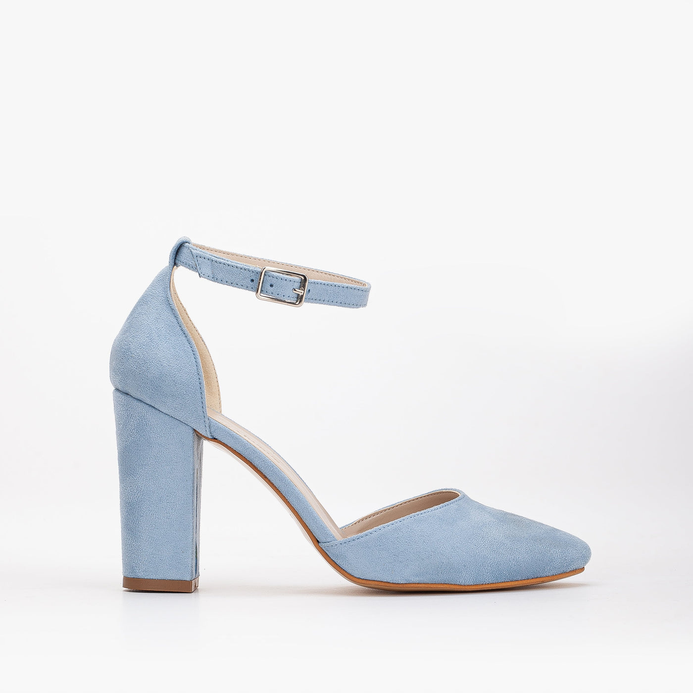 Gisele - Baby Blue Suede Wedding Heels – front three-quarter view showing leather, suede, blue, SimmiUnique