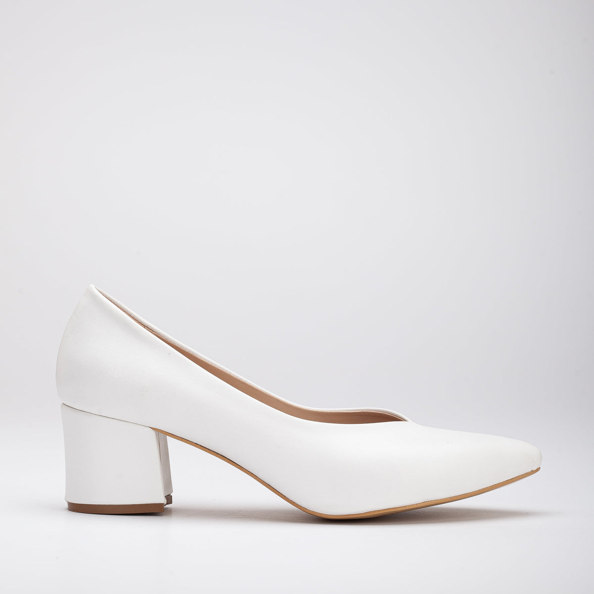 Mariam - White Block Heel Stiletto – front three-quarter view showing leather, white, SimmiUnique