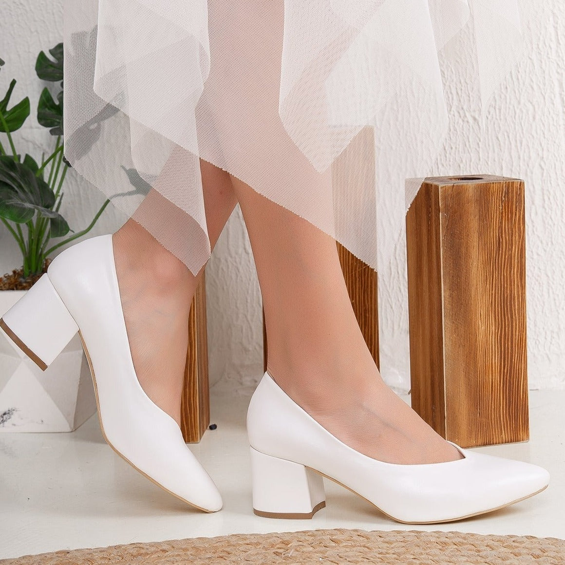 Mariam - White Block Heel Stiletto – side view showing leather, white, SimmiUnique