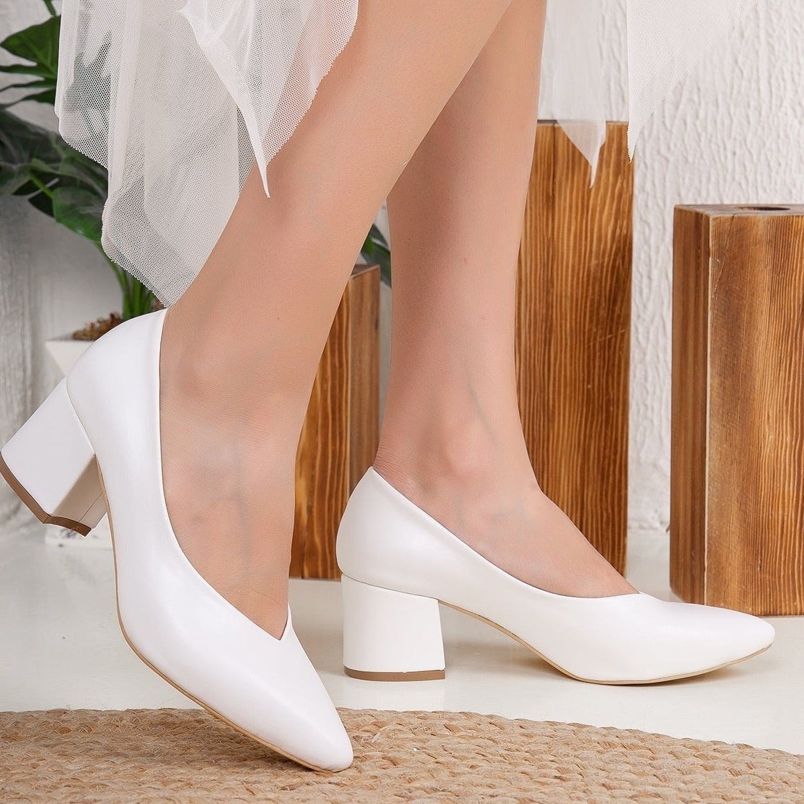 Mariam - White Block Heel Stiletto – detail view showing leather, white, SimmiUnique