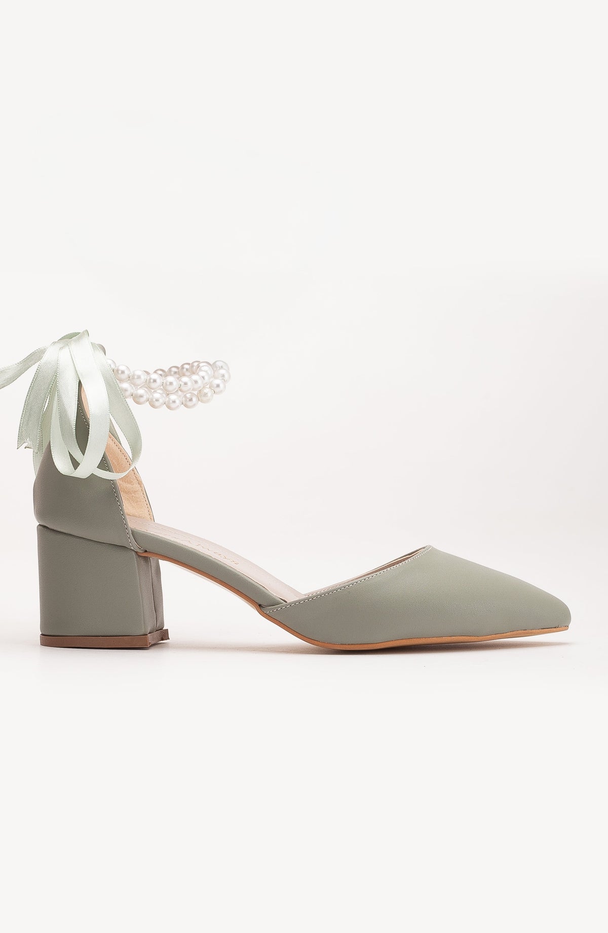 Miranda - Sage Green Pumps with Pearls – side view showing pearl, leather, green, SimmiUnique