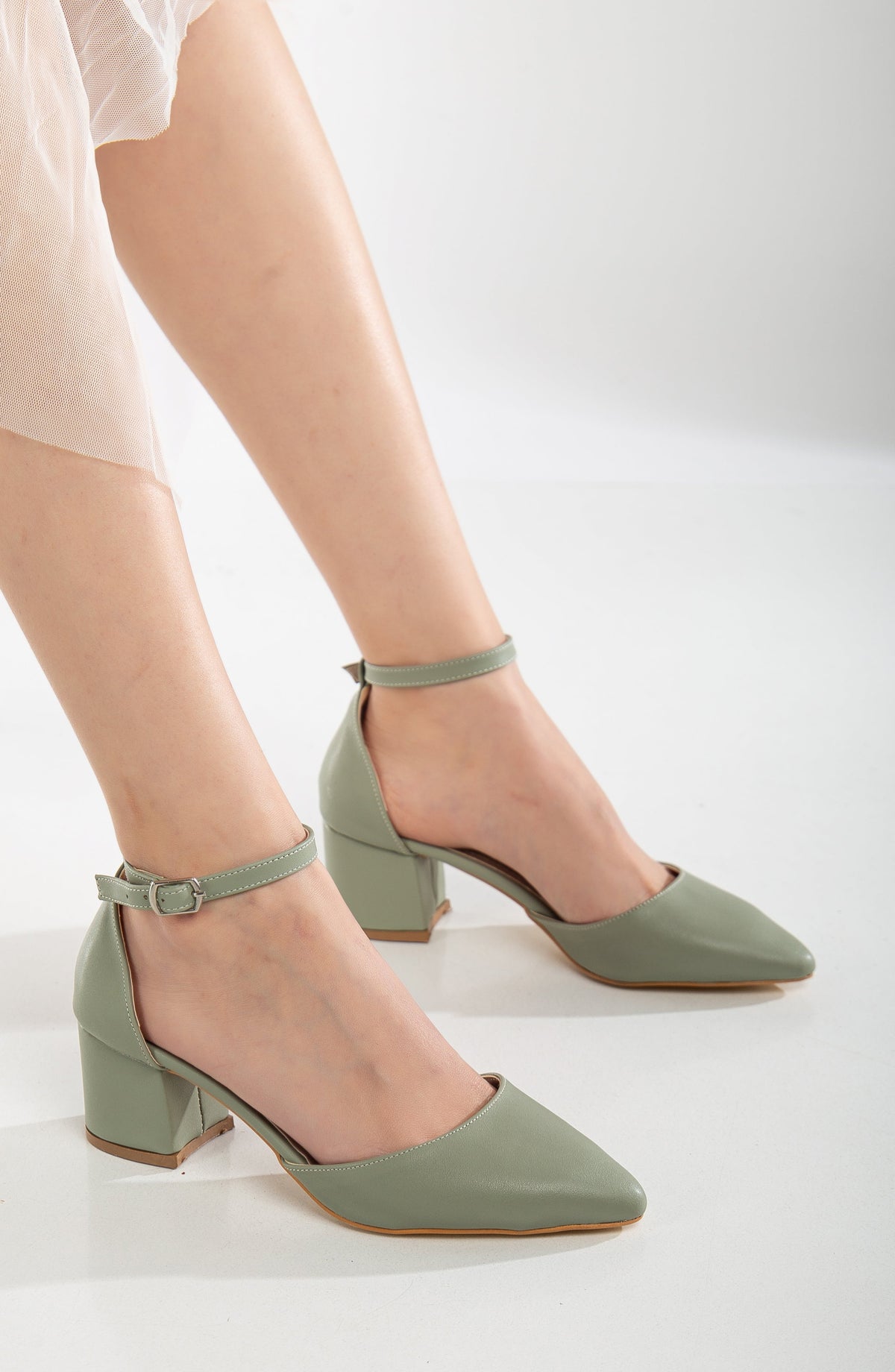 Miranda - Sage Green Pumps with Pearls – top view showing pearl, leather, green, SimmiUnique