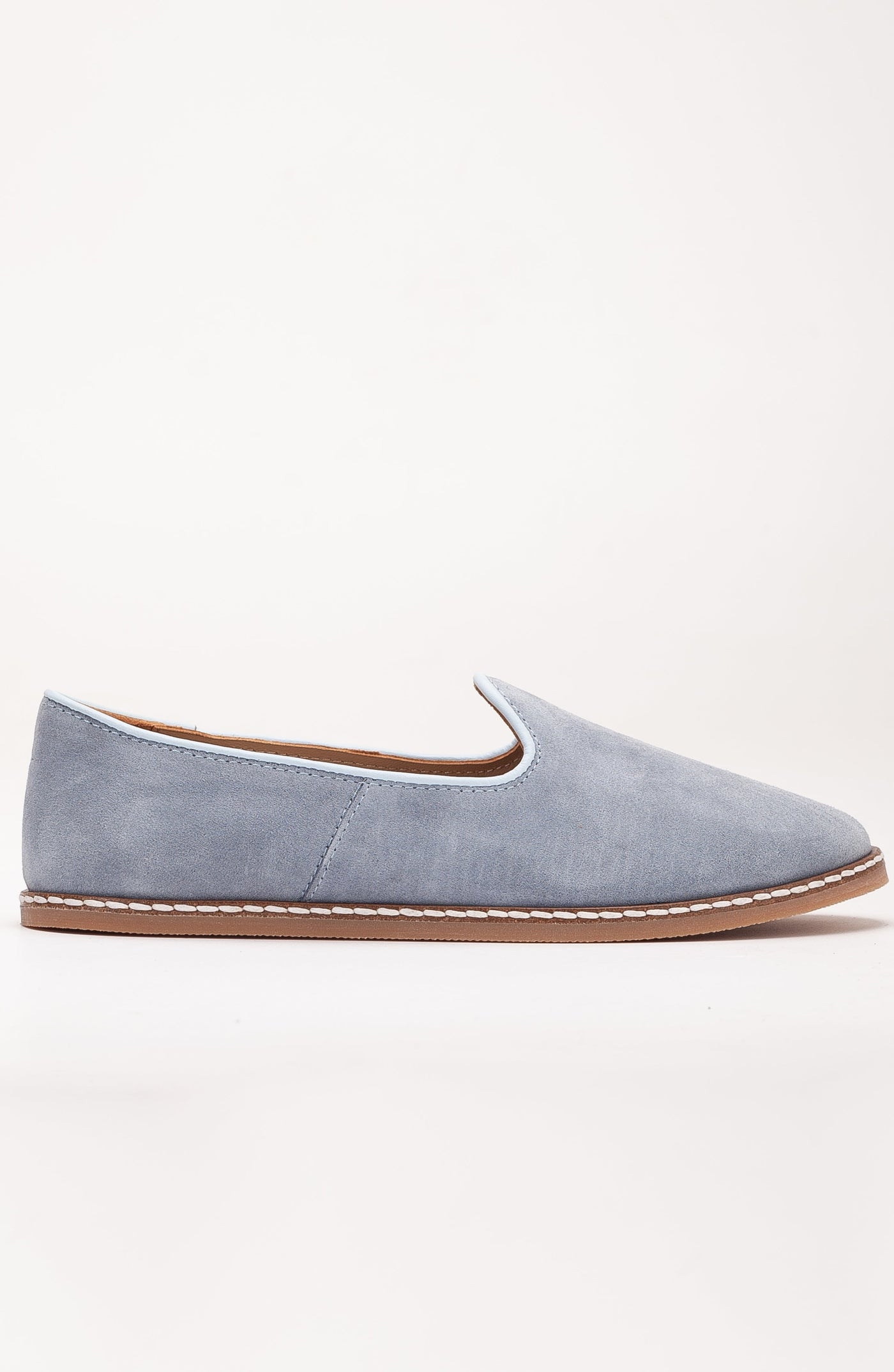 Istanbul - Dusty Blue Suede Leather Slip On – side view showing leather, suede, blue, SimmiUnique