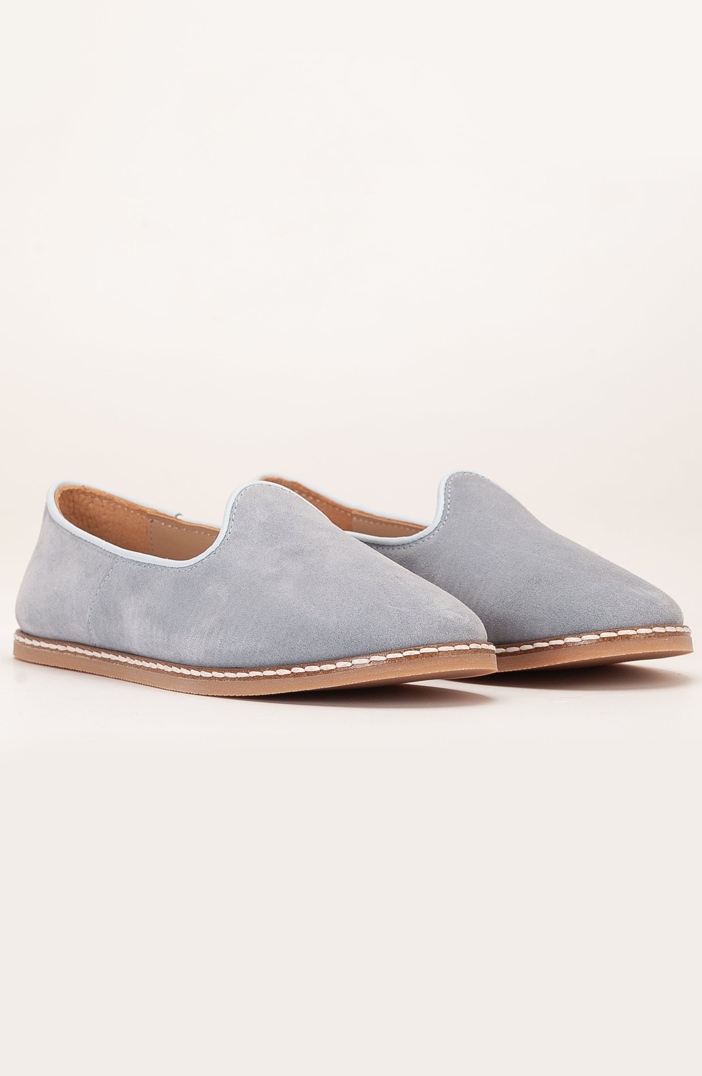 Istanbul - Dusty Blue Suede Leather Slip On – detail view showing leather, suede, blue, SimmiUnique