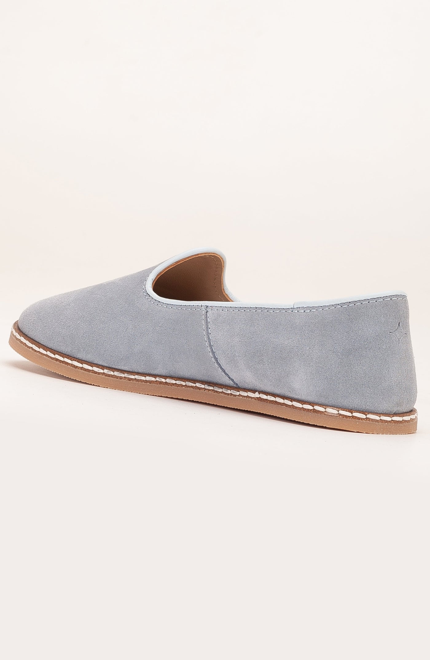 Istanbul - Dusty Blue Suede Leather Slip On – heel view showing leather, suede, blue, SimmiUnique