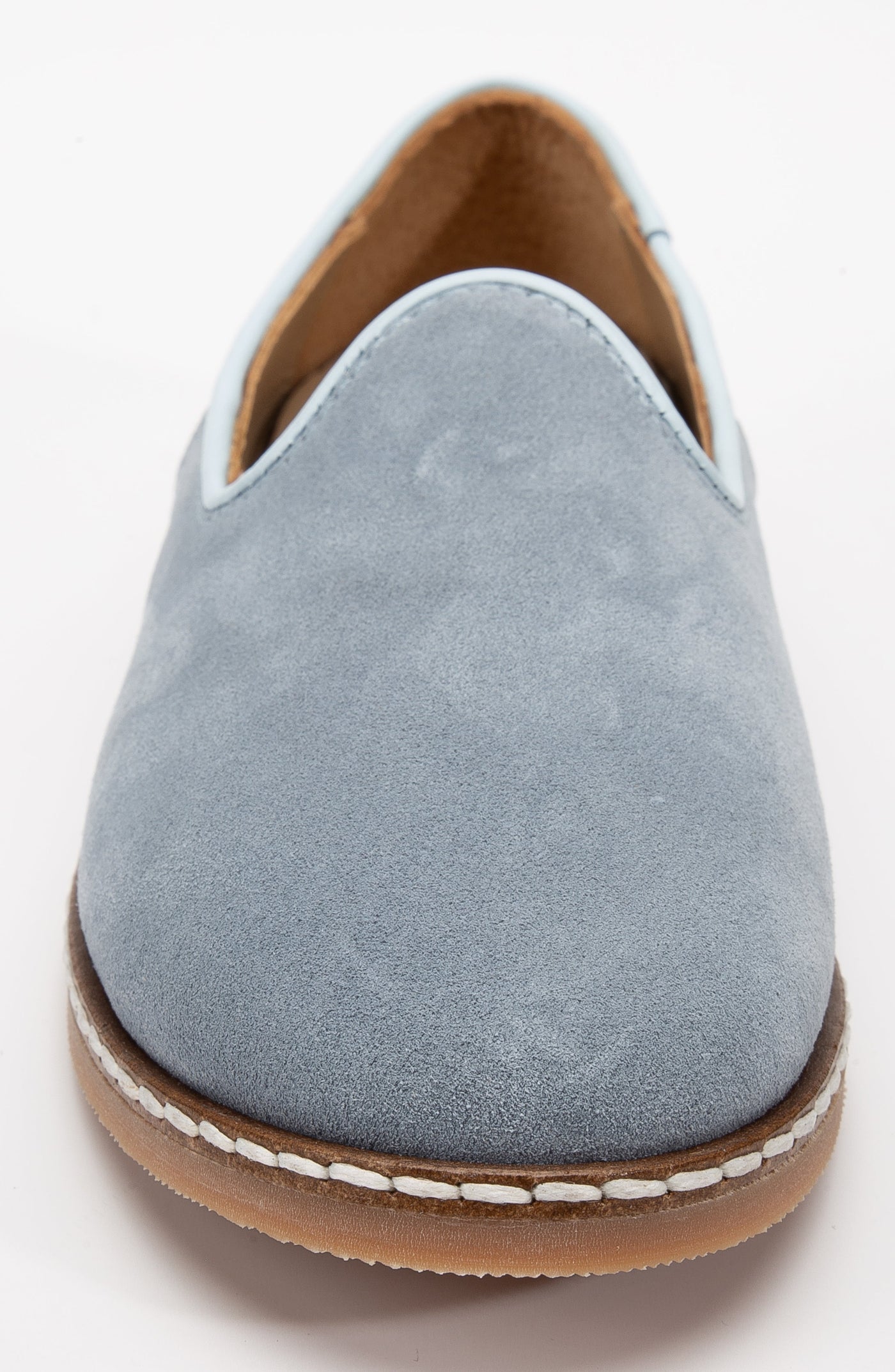 Istanbul - Dusty Blue Suede Leather Slip On – top view showing leather, suede, blue, SimmiUnique