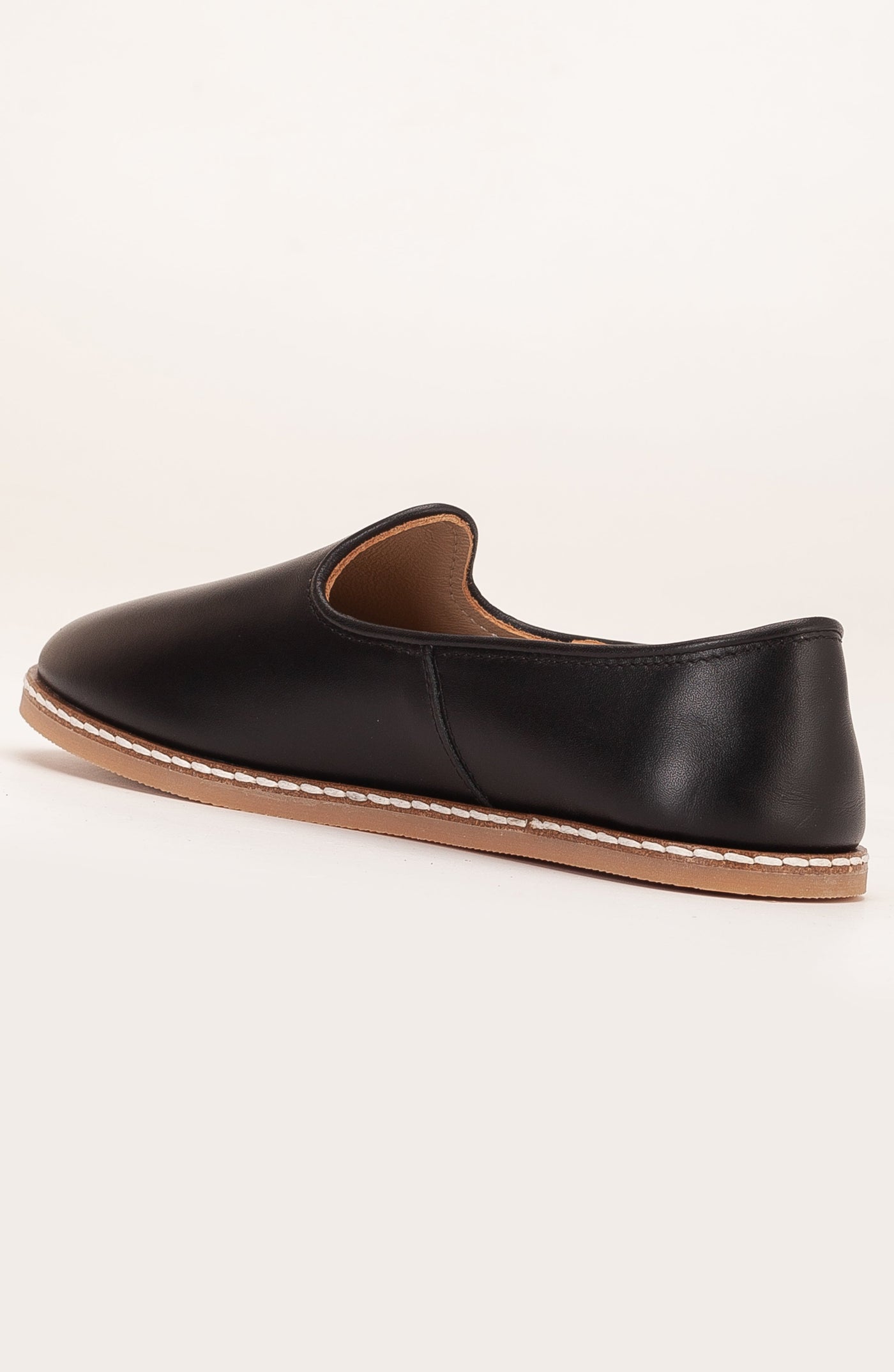 Dalya - Black Leather Slip On – heel view showing leather, black, red, SimmiUnique