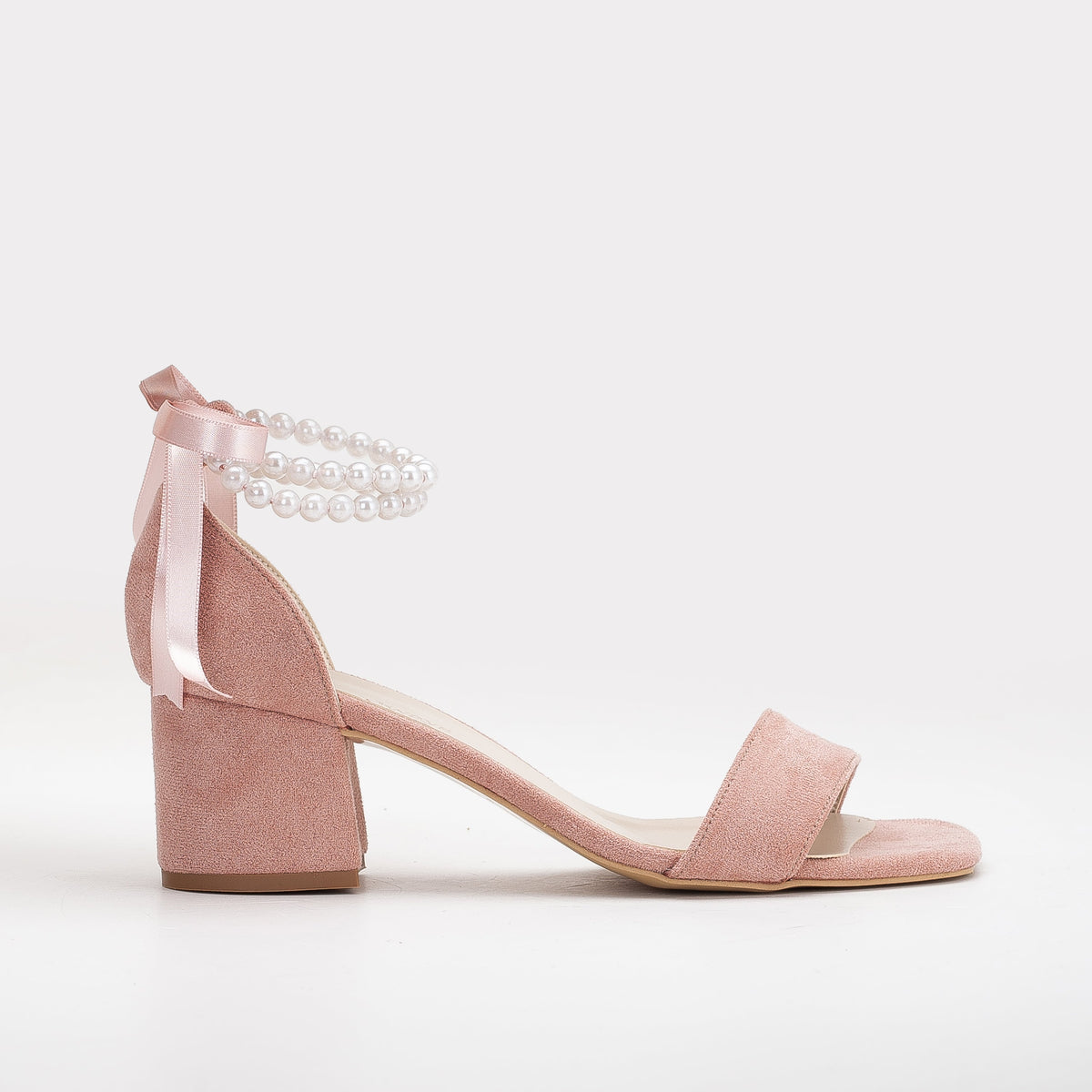 Illy - Dusty Pink Suede Sandals with Pearls – front three-quarter view showing pearl, leather, suede, SimmiUnique