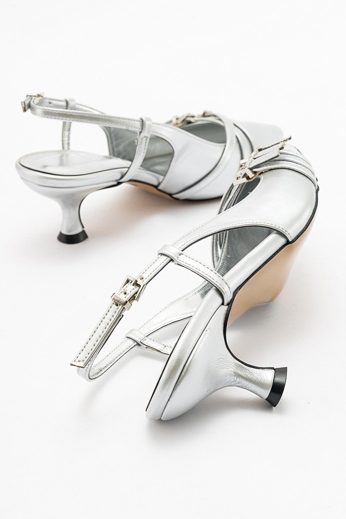 Woss - Silver Leather-Effect Belt Detail Heeled Shoe – detail view showing leather, silver, SimmiUnique