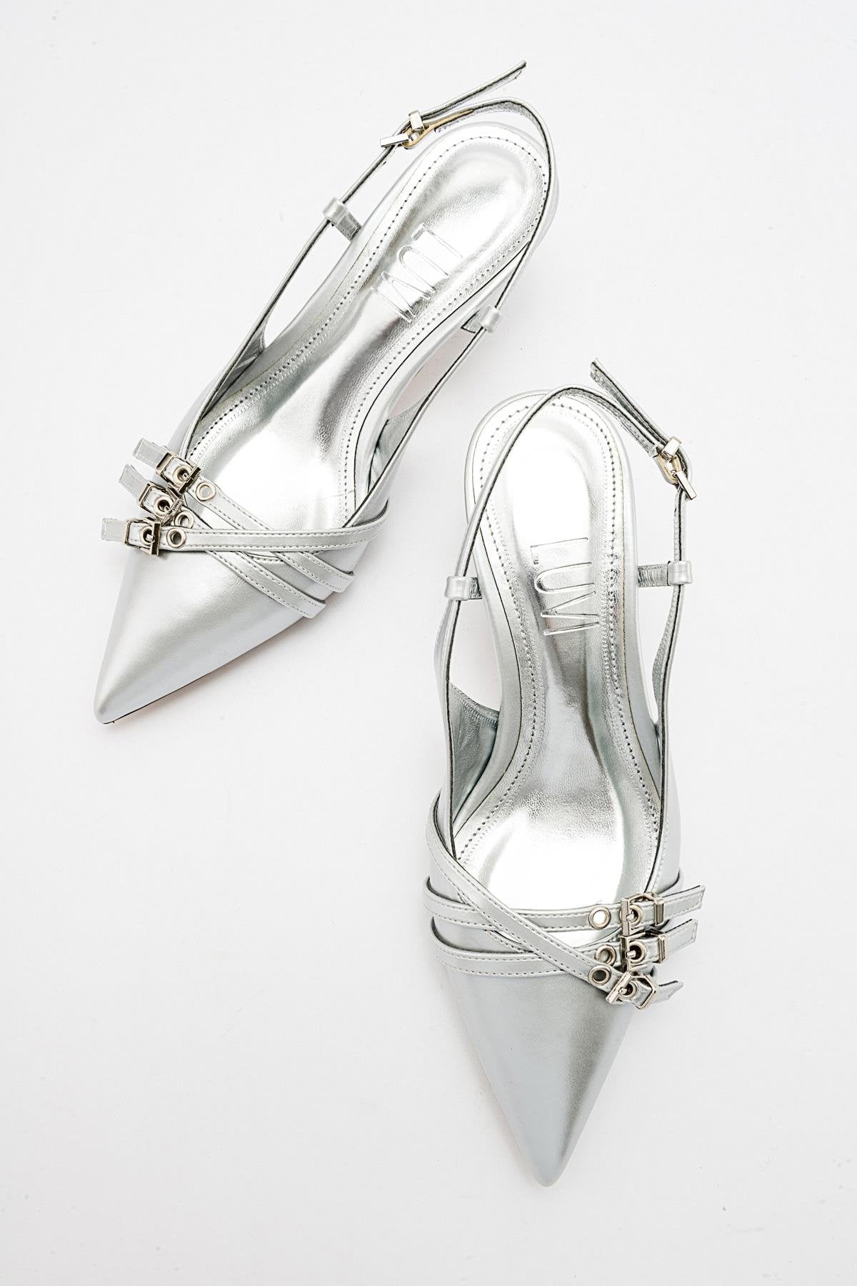 Woss - Silver Leather-Effect Belt Detail Heeled Shoe – back view showing leather, silver, SimmiUnique