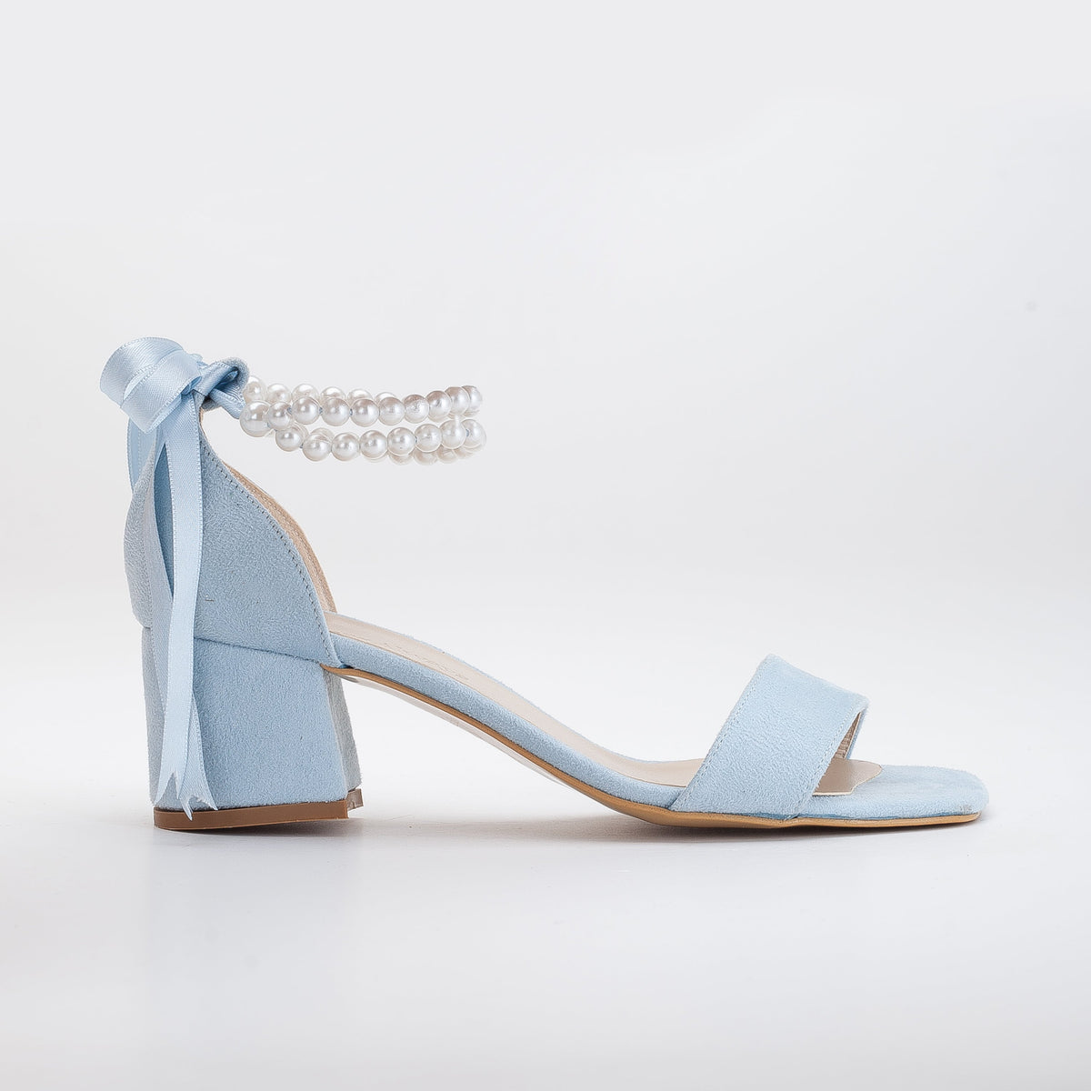 Illy - Blue Suede Sandals with Pearls – front three-quarter view showing pearl, leather, suede, SimmiUnique