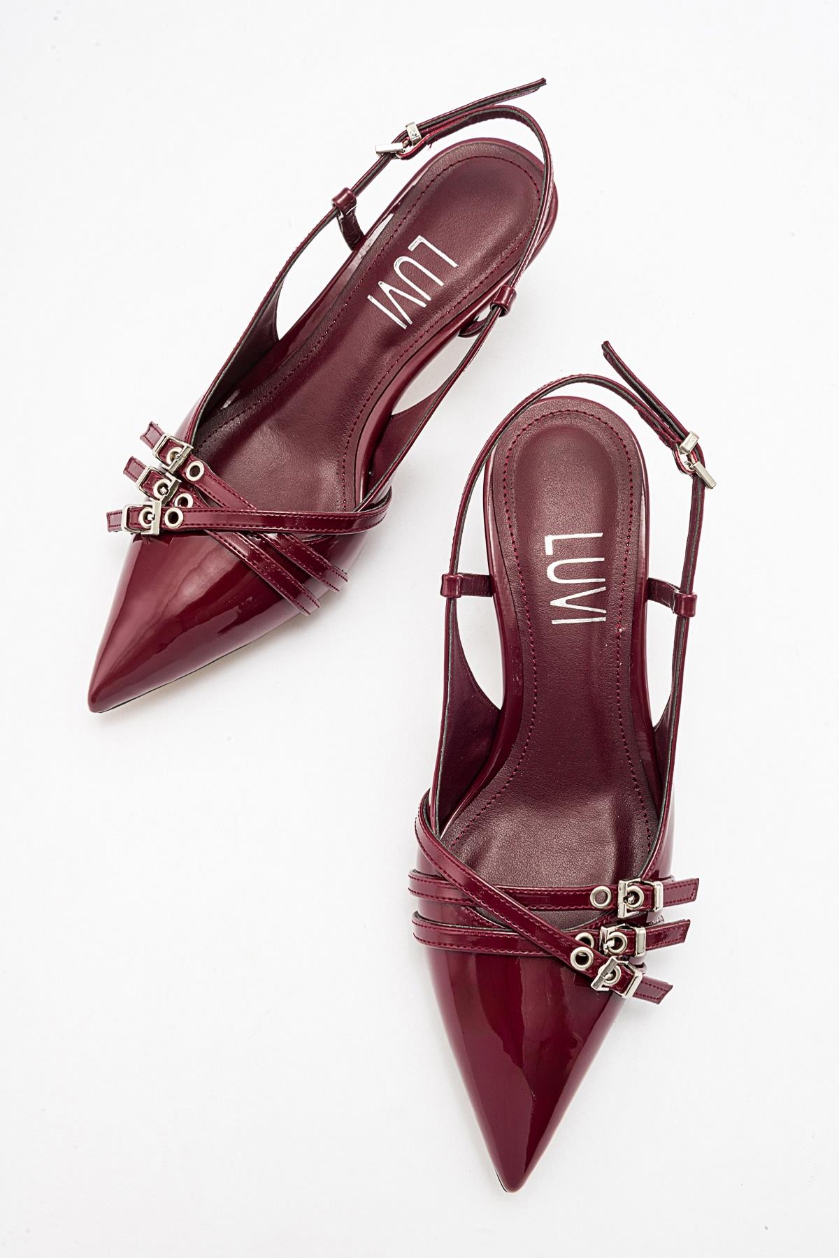 Woss - Burgundy Patent Belt Detail Heeled Shoe – detail view showing leather, SimmiUnique