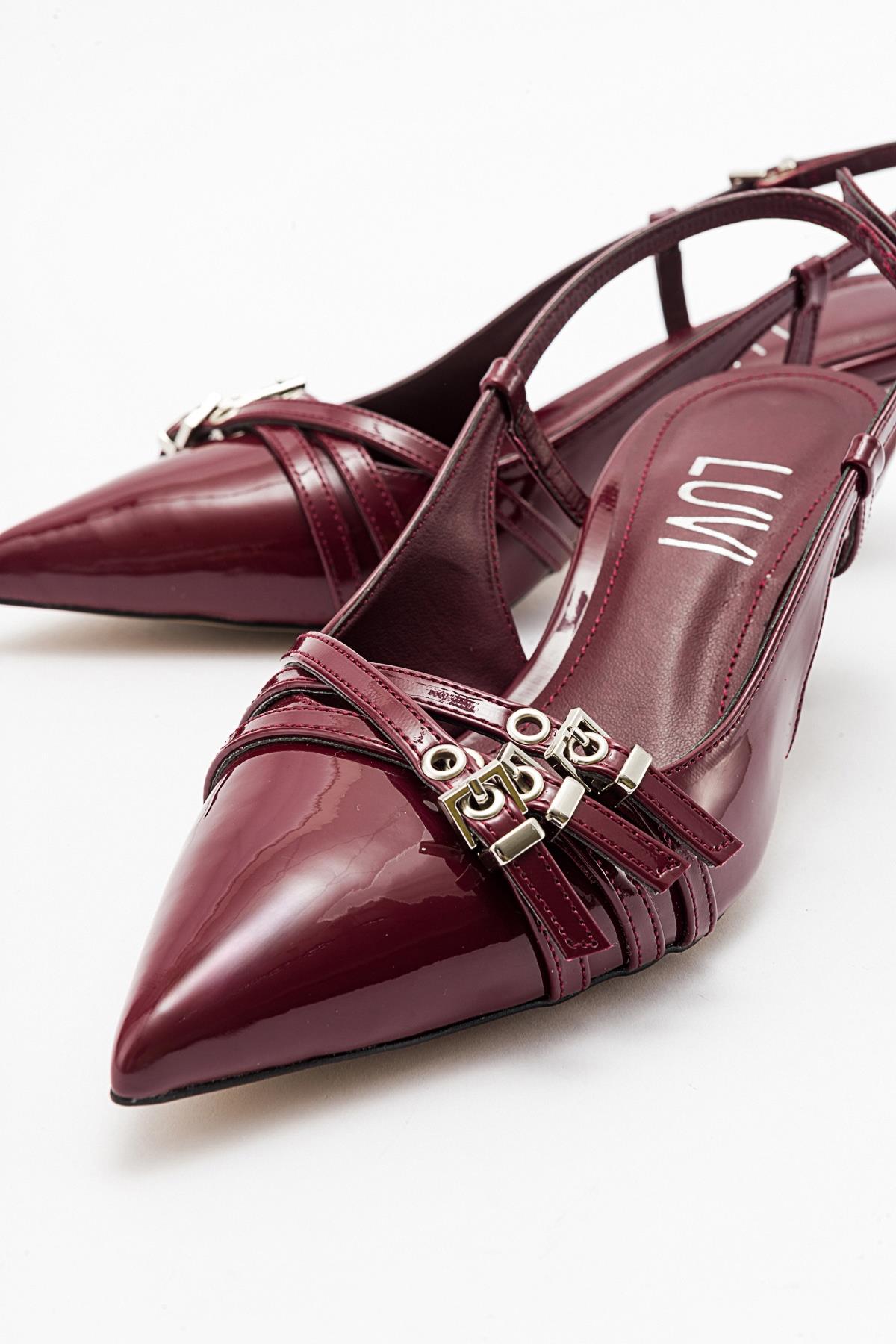Woss - Burgundy Patent Belt Detail Heeled Shoe – back view showing leather, SimmiUnique