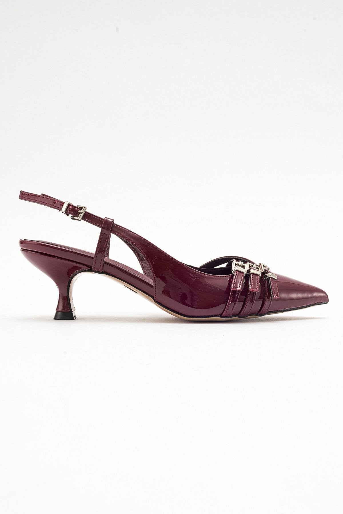 Woss - Burgundy Patent Belt Detail Heeled Shoe – top view showing leather, SimmiUnique