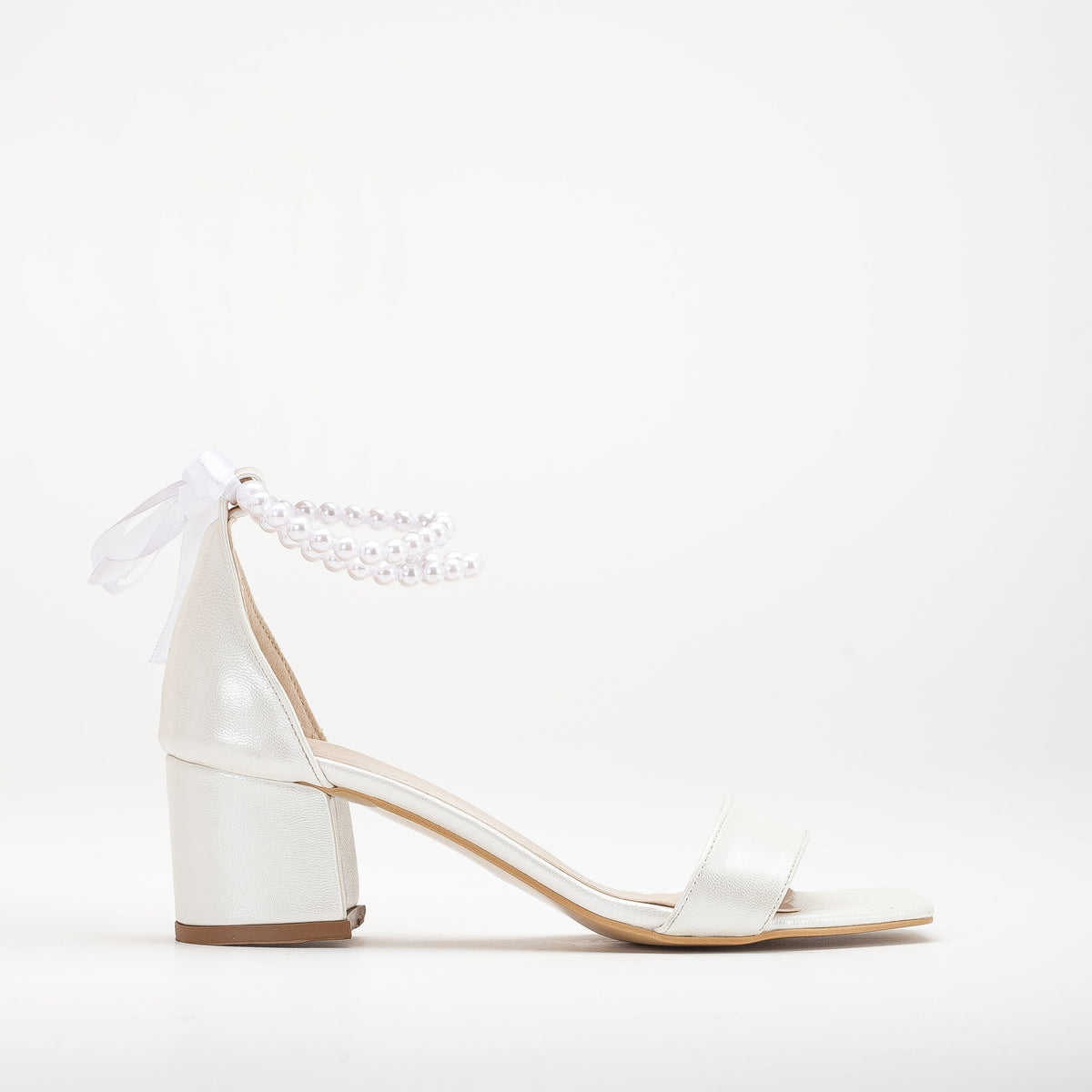 Illy - Ivory Block Heels with Pearls – front three-quarter view showing pearl, satin, leather, SimmiUnique