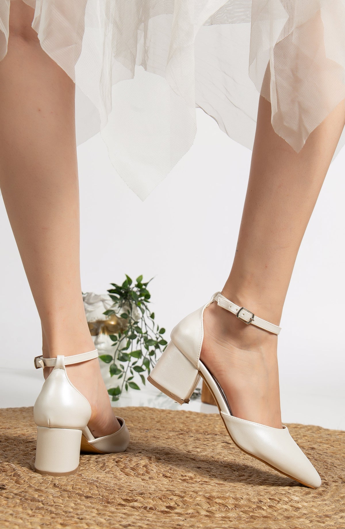 Marcelle - Ivory Bridal Heels – heel view showing leather, ivory, SimmiUnique