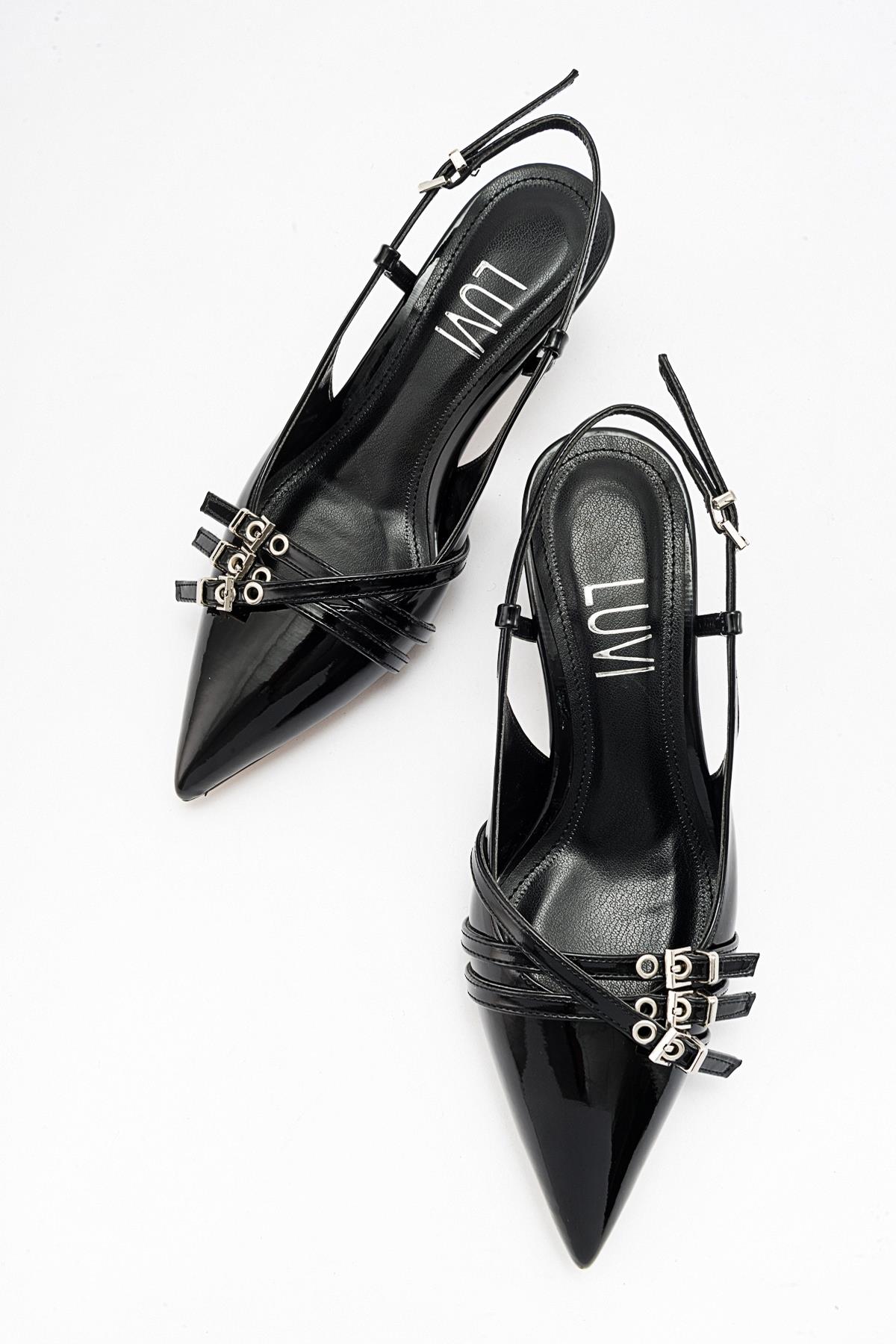 Woss - Black Patent Belt Detail Heeled Shoe – heel view showing leather, black, SimmiUnique