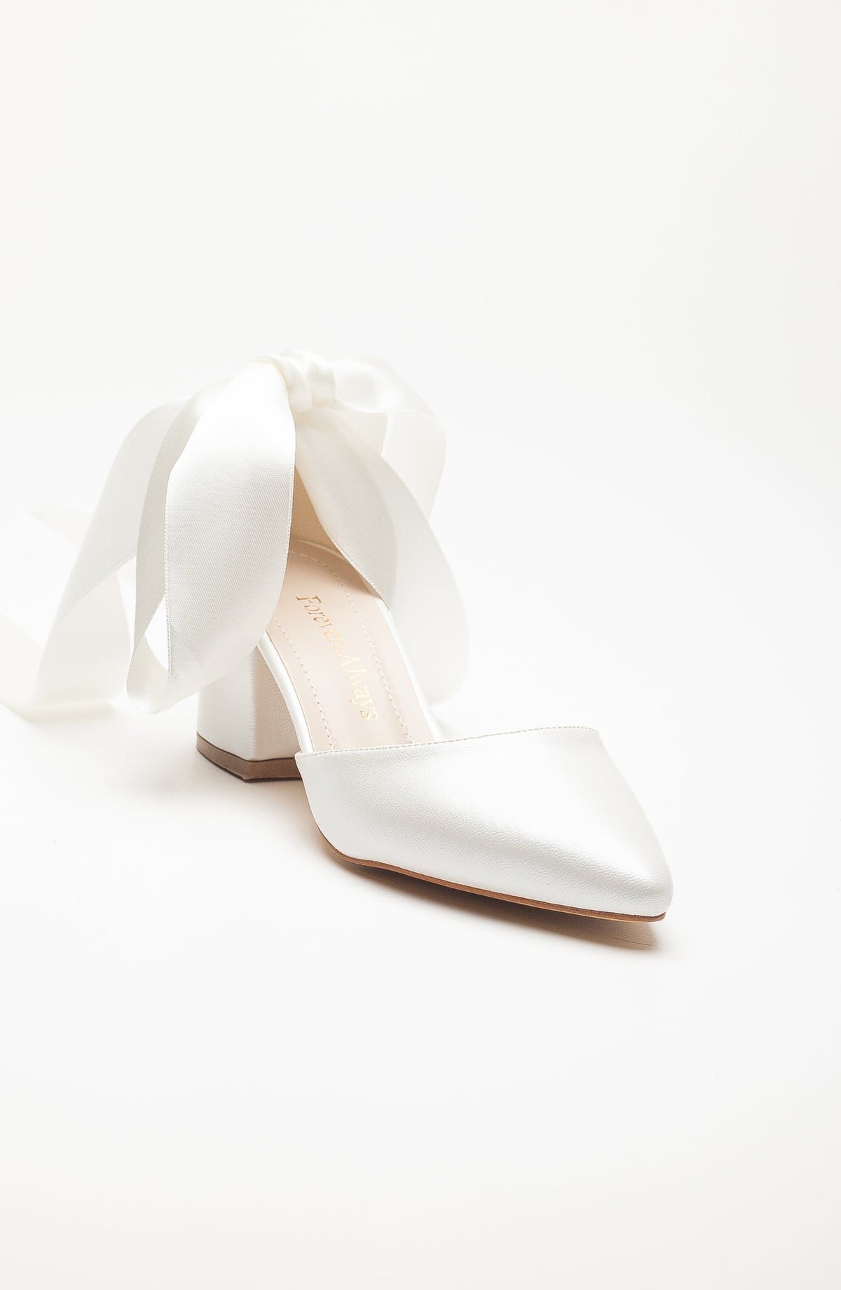 Fiona - Ivory Bridal Heels with Ribbon – front three-quarter view showing leather, ivory, SimmiUnique