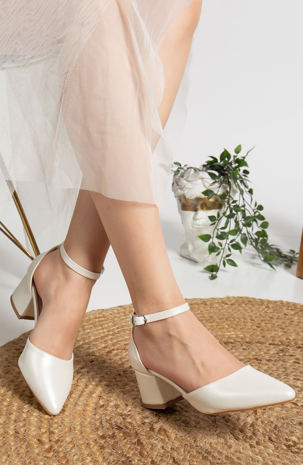 Fiona - Ivory Bridal Heels with Ribbon – sole view showing leather, ivory, SimmiUnique