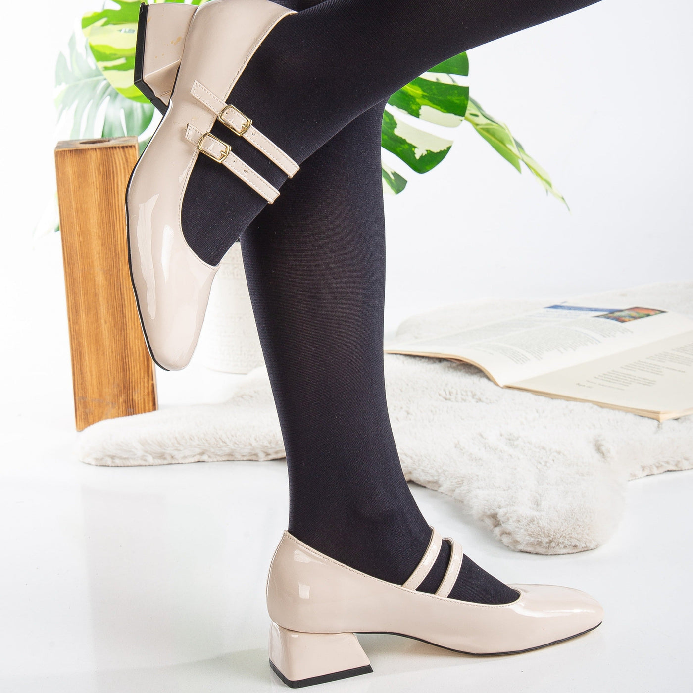 Lizbeth - Beige Mary Jane Shoes – top view showing leather, SimmiUnique