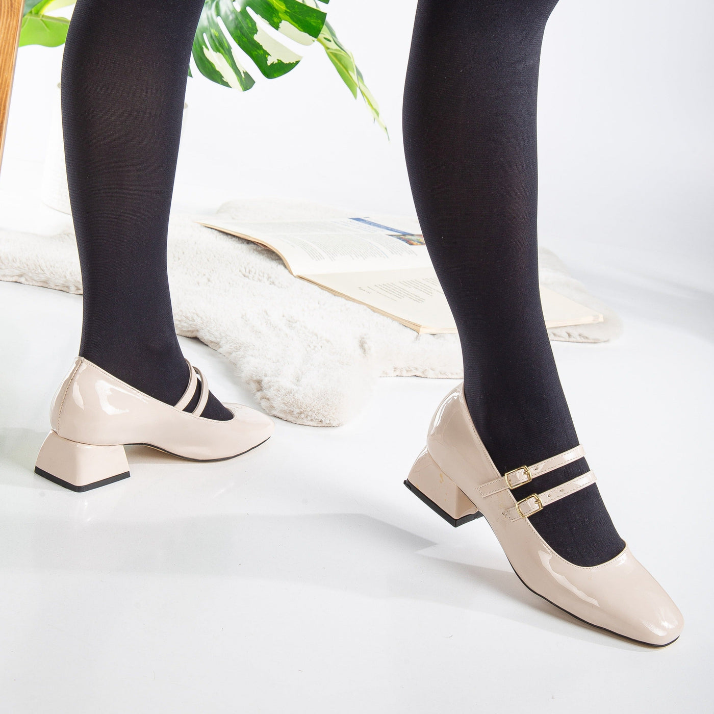 Lizbeth - Beige Mary Jane Shoes – sole view showing leather, SimmiUnique