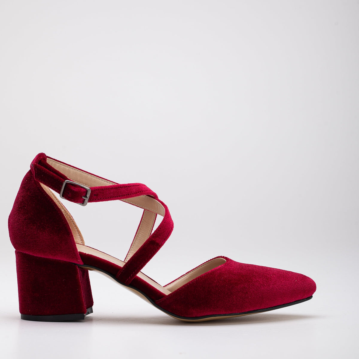 Dolly - Burgundy Velvet Low Heels – front three-quarter view showing velvet, red, SimmiUnique