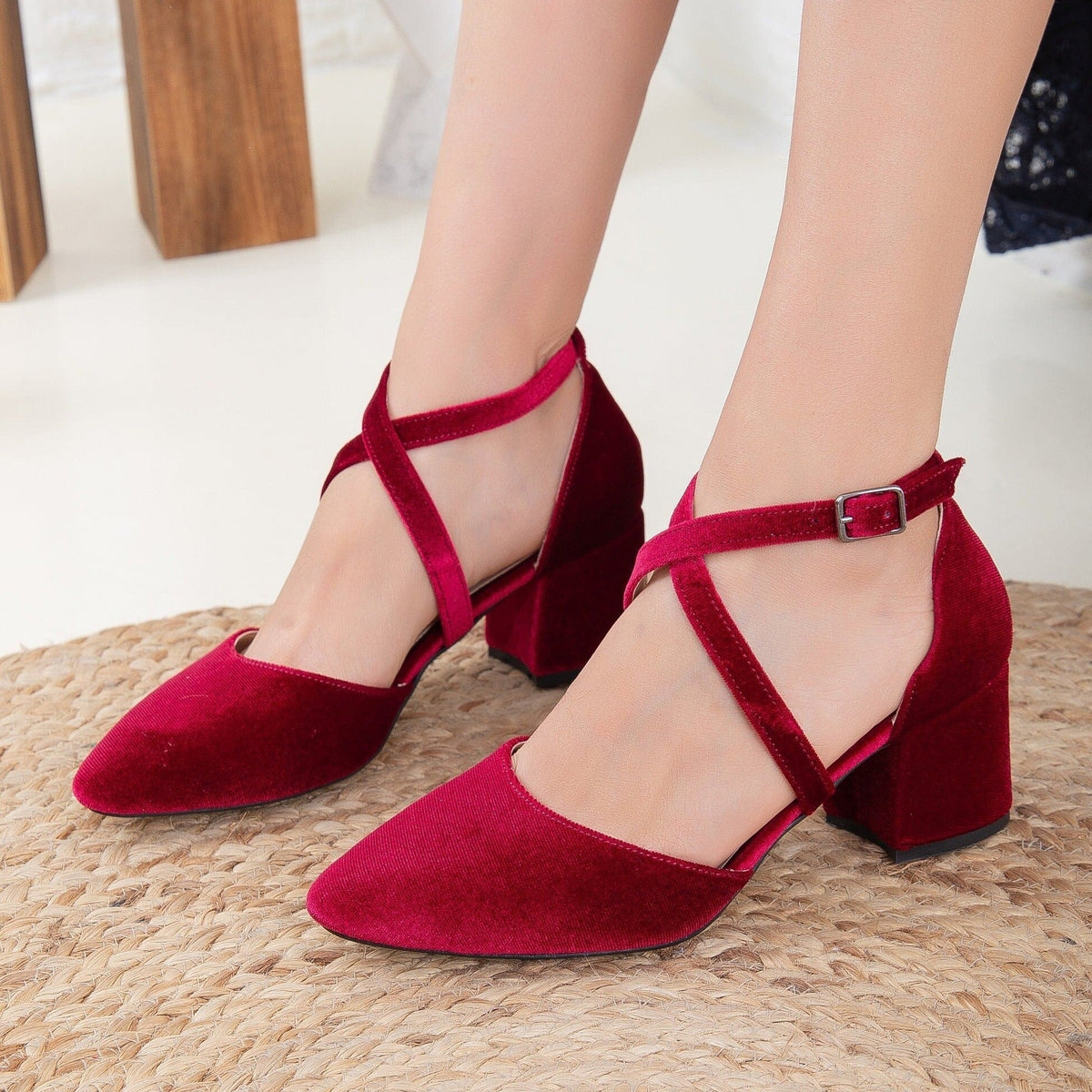 Dolly - Burgundy Velvet Low Heels – detail view showing velvet, red, SimmiUnique