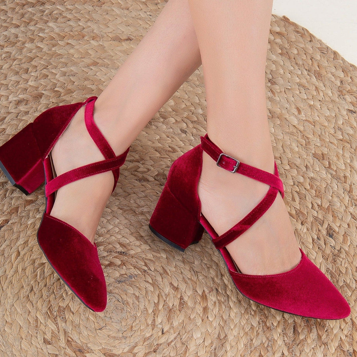 Dolly - Burgundy Velvet Low Heels – heel view showing velvet, red, SimmiUnique