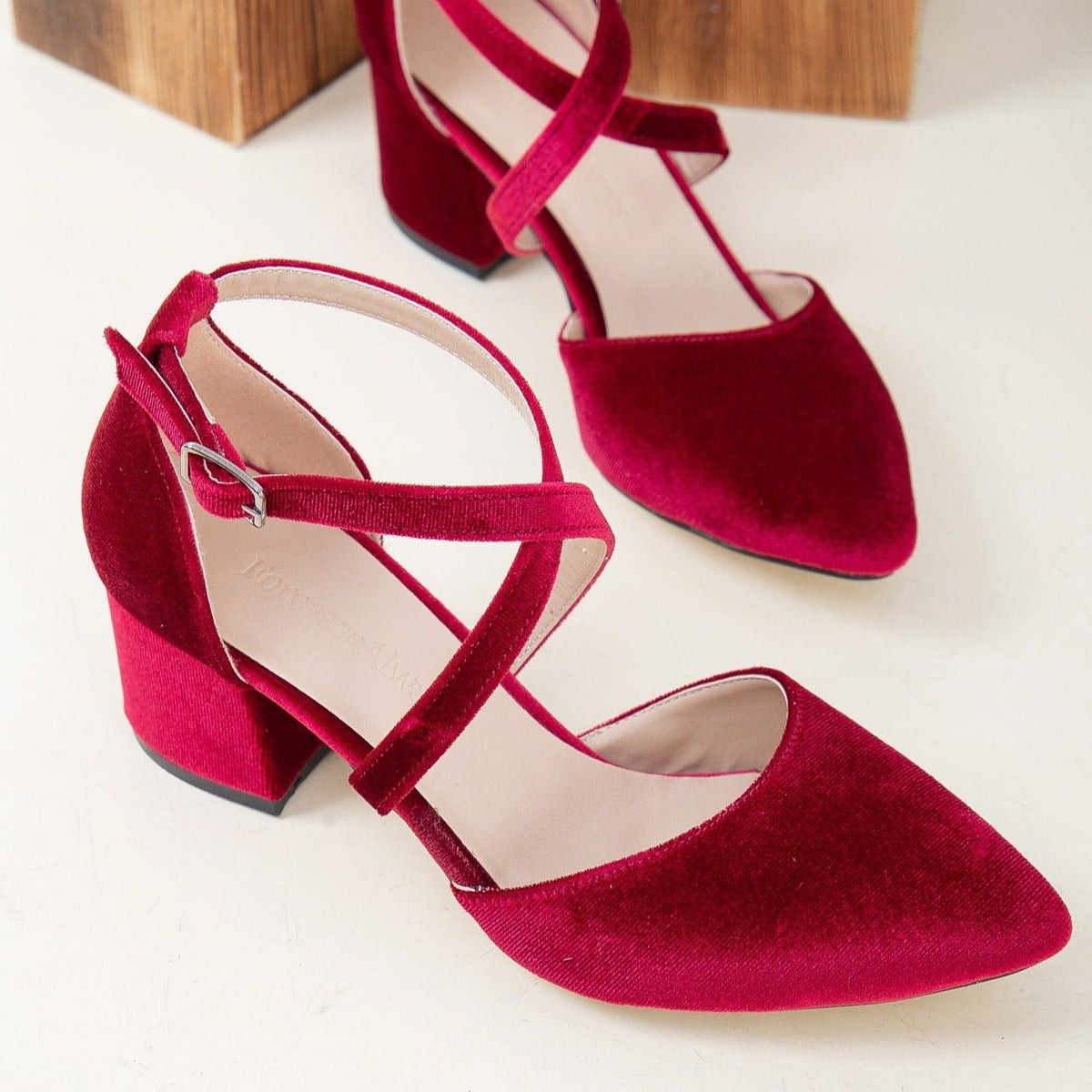 Dolly - Burgundy Velvet Low Heels – back view showing velvet, red, SimmiUnique