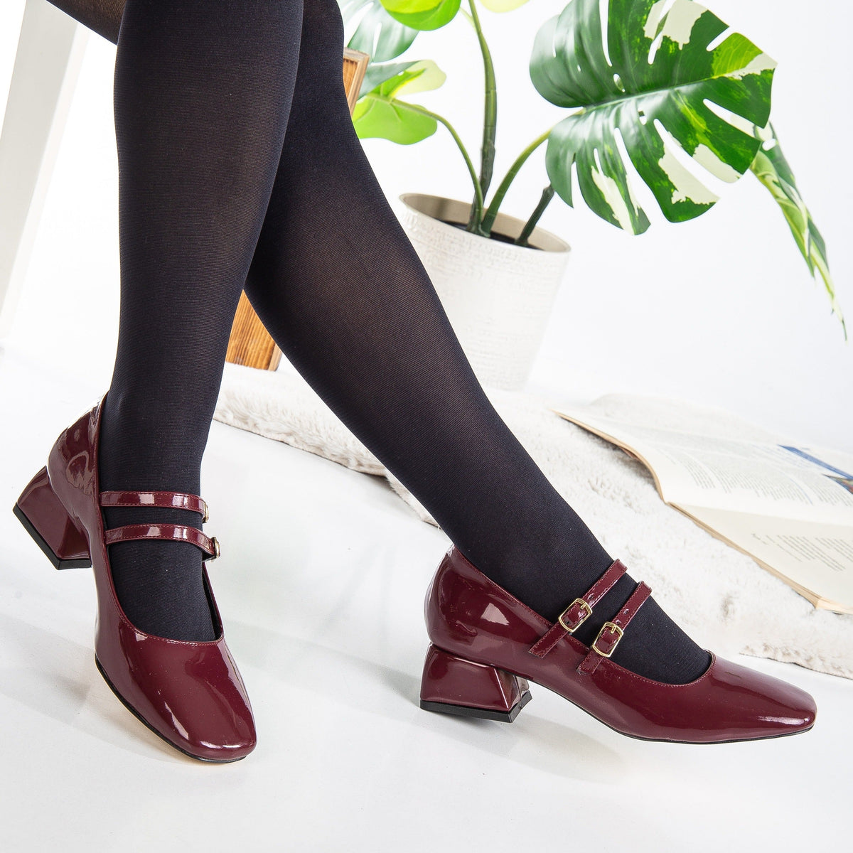 Lizbeth - Red Cherry Mary Jane Shoes – top view showing leather, red, SimmiUnique