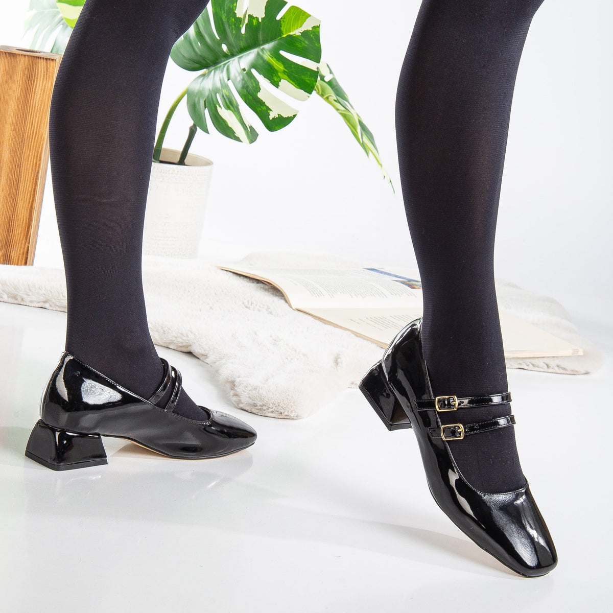 Lizbeth - Black Mary Jane Shoes – sole view showing leather, black, SimmiUnique
