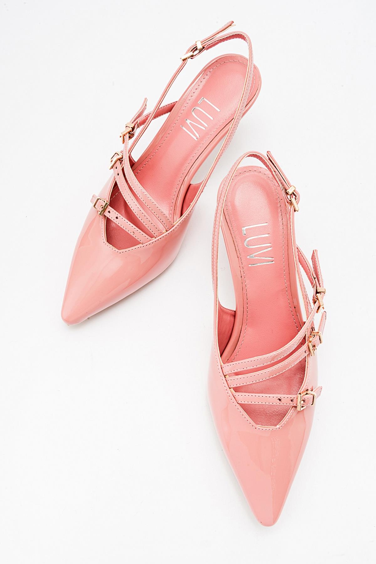 Magra Blush Patent Pointed-Toe Slingback Stiletto – detail view showing leather, red, SimmiUnique