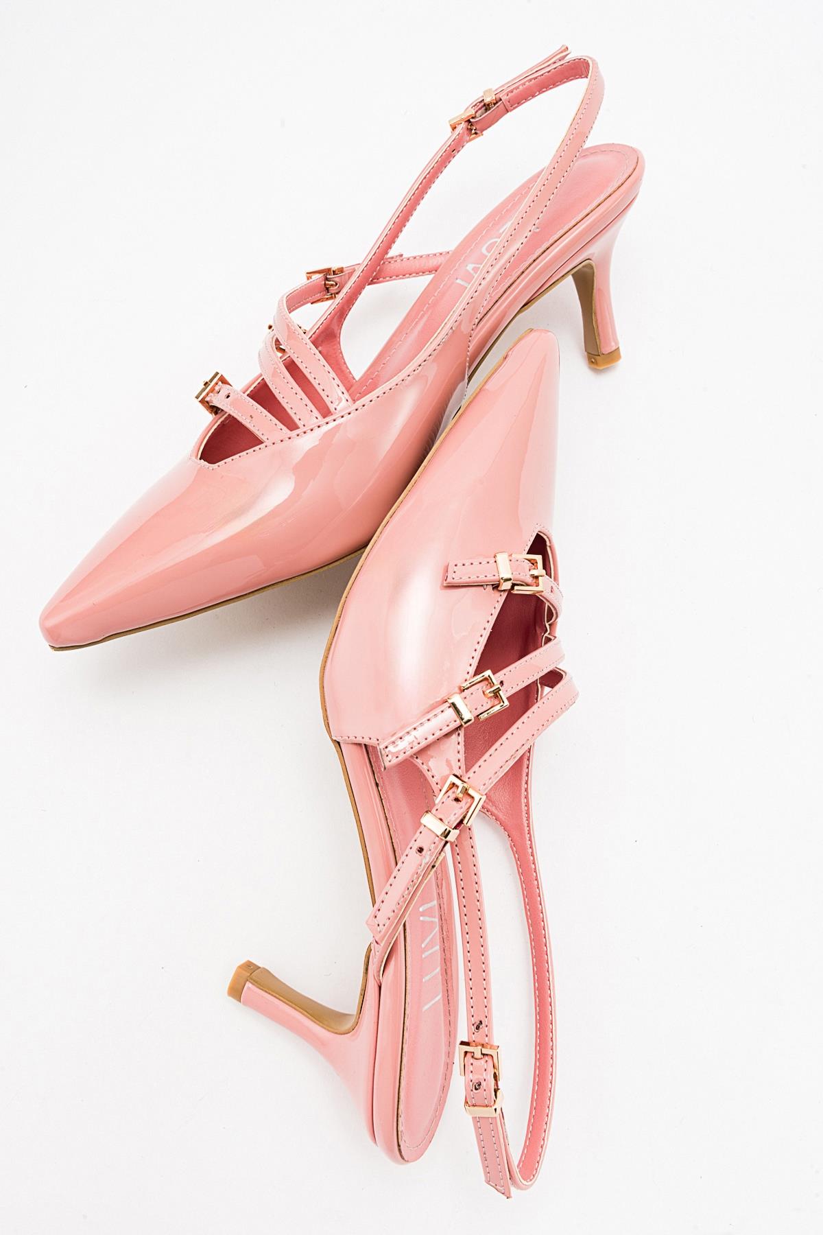 Magra Blush Patent Pointed-Toe Slingback Stiletto – heel view showing leather, red, SimmiUnique