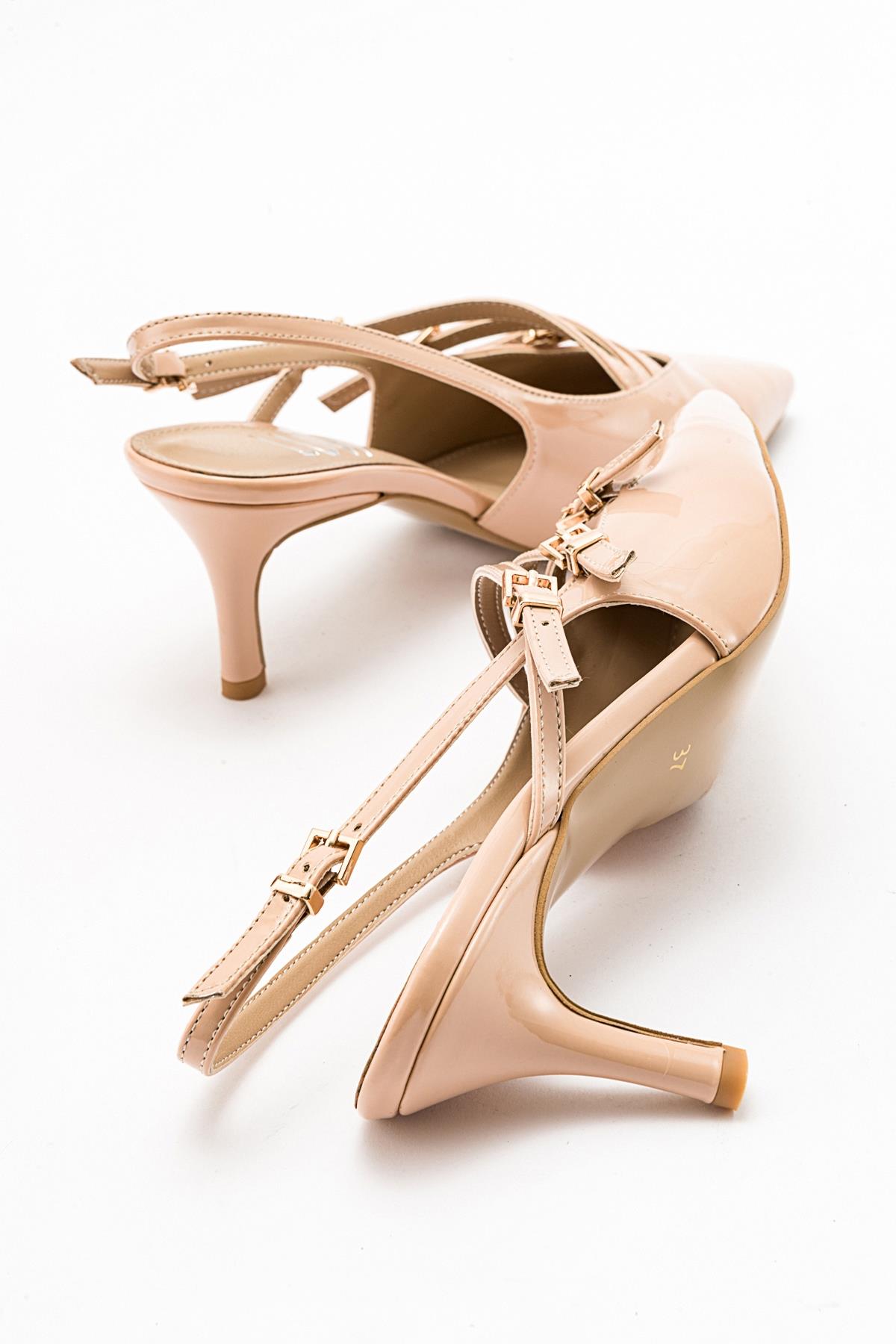 Magra Beige Patent Pointed-Toe Slingback Stiletto – detail view showing leather, red, SimmiUnique
