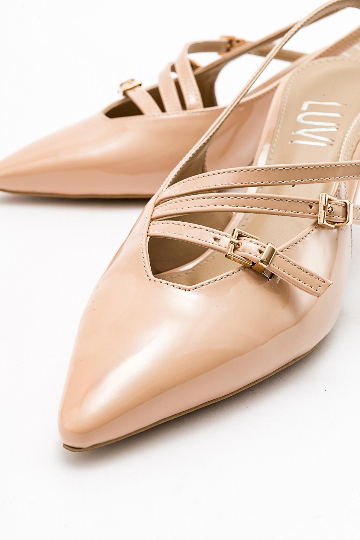 Magra Beige Patent Pointed-Toe Slingback Stiletto – heel view showing leather, red, SimmiUnique