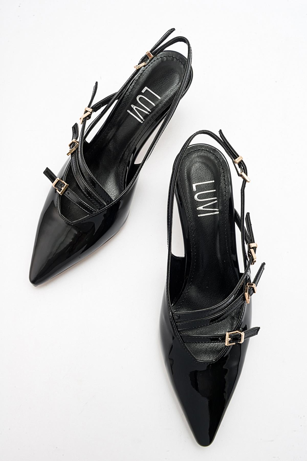 Magra Black Patent Pointed-Toe Slingback Stiletto – detail view showing leather, black, red, SimmiUnique